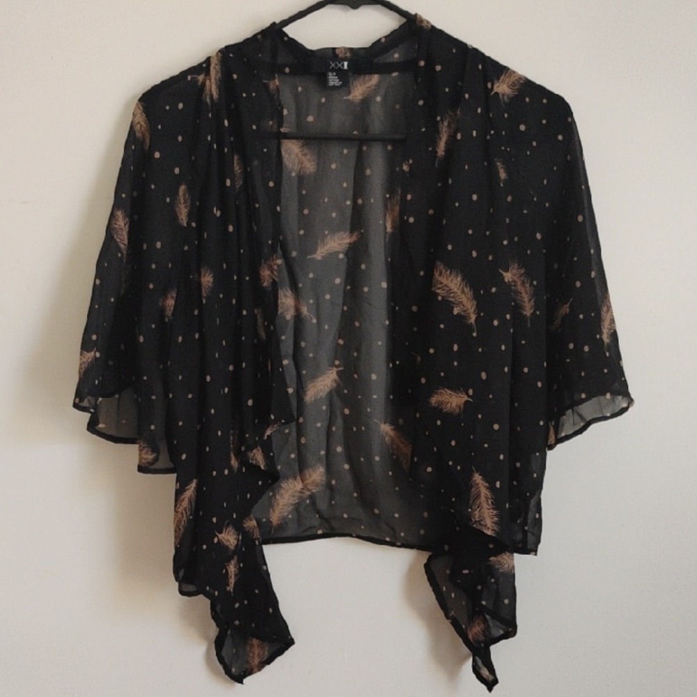 Forever 21 | Black Asymmetrical Sheer Feather Print S/S Cardigan | S | EUC